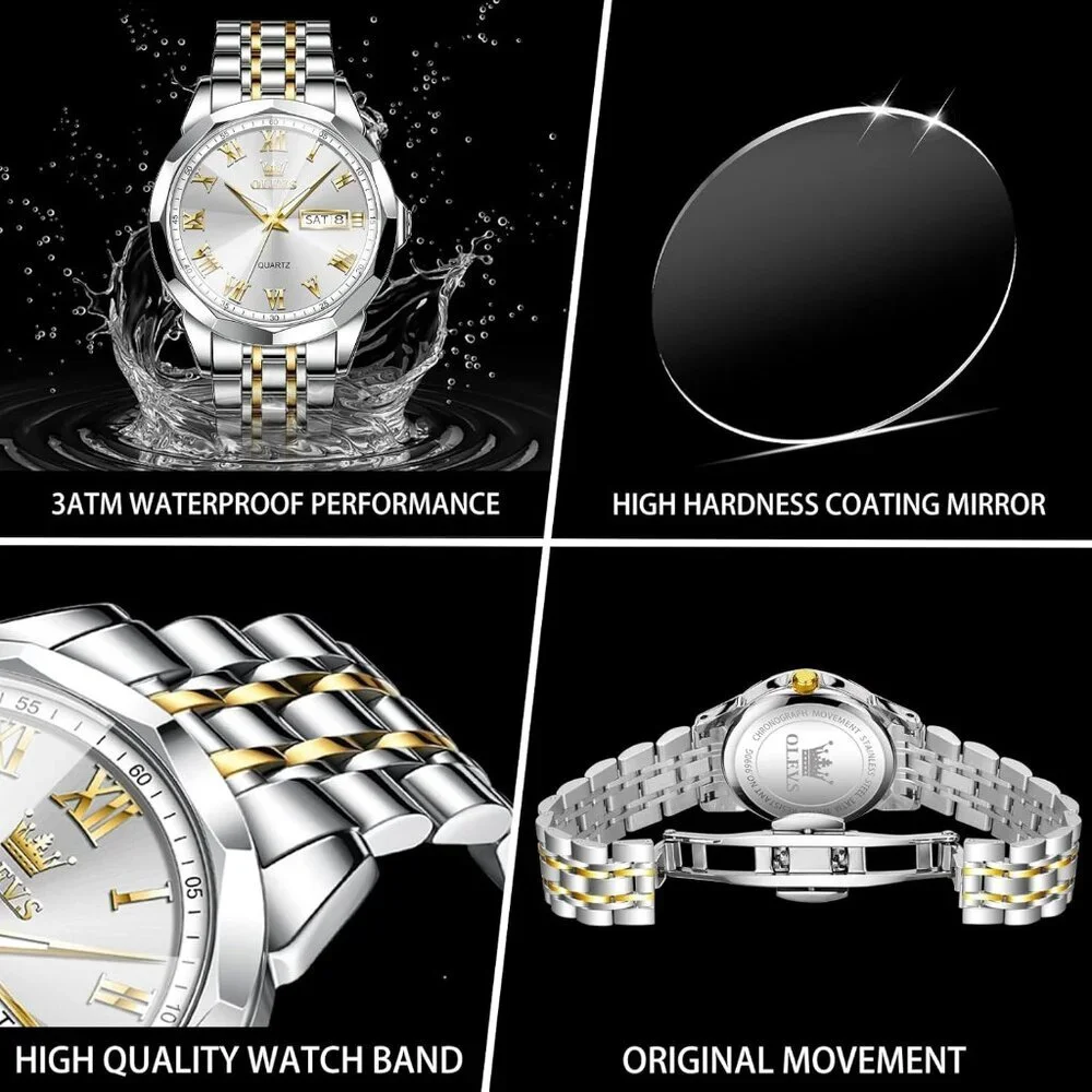 Olevs Men's Silver Gold- White Steel Stain Waterproof Stain Luminous Wrist Watch